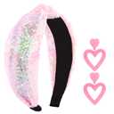 Valentines Day Headband Earrings for Women Glitter Sequin Knotted Headbands and Red Heart Earrings Dangling for Girls Valentines Day Hair Accessories Outfit Gifts for Girlfriend Wife Sister(Pink)