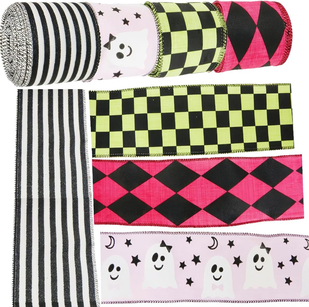 4 Roll Halloween Wired Ribbon 2.5x Total 20 Yards Pink Ghost Black White Stripes Hot Pink Lime Green Plaid Ribbons for Wreath Bows Gift Wrapping, Wreaths, Crafts(Halloween Set 1)