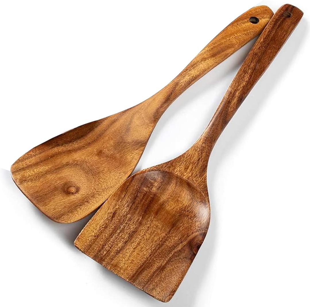 Wooden Spatulas, 2 PCs Natural Acacia Wooden Cooking Utensils Set for Non-stick Pan Kitchen Tool, flipping and Wok Spatula, Wooden Spoons & Spurtle for Cooking
