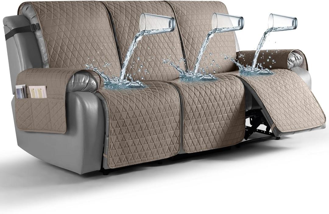 TAOCOCO 100% Waterproof Recliner Cover, Non-Slip Washable Reclining Couch Cover with Elastic Leg Straps, Furniture Protector for Dogs (Taupe, 3 Seater)
