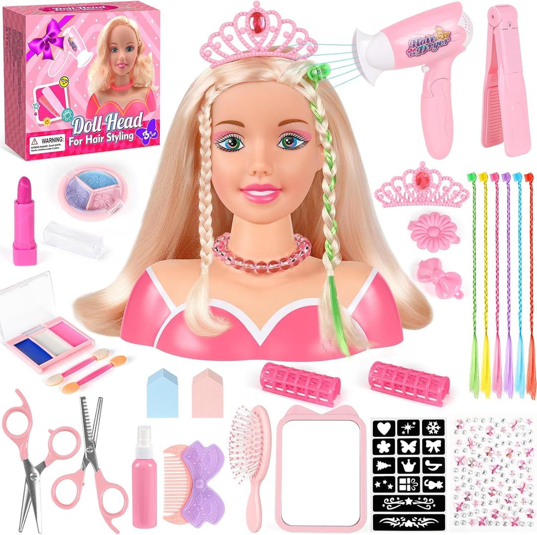 KUBUSFLY 44Pcs Hair Styling Doll Head Toys for Girls, Kids Makeup Hair Salon Pretend Play Styling Kit with Hairdryer, Straightener, Beauty Hair Toy Christmas Birthday Gift for Toddler Girls 3 4 5 6+, 7.5In X 7.3In