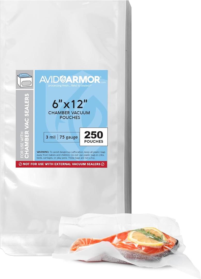 Avid Armor Chamber Vacuum Sealer Bags Heavy Duty, BPA-Free, Pre-Cut Chamber Vacuum Bags for Food Preservation, Freezer Storage, Sous Vide and more, 250/Pack (Clear - 250, 6x12)