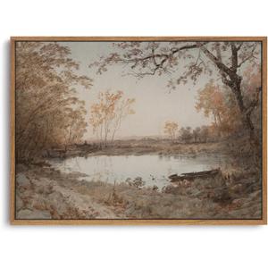 ZZLWBKGL Vintage Framed Wall Art Landscape Wall Decor Farmhouse River Canvas Art Forest Lake Pictures Nature Paintings Rustic Artwork For Living Room Study Bedroom (16"L x 12"W, Autumn Pond)