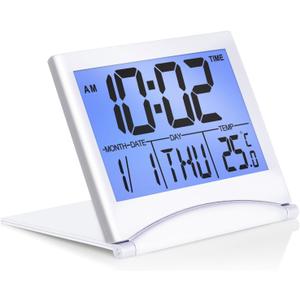 Betus Digital Travel Alarm Clock with White Backlight - Foldable Calendar Temperature Timer LCD Clock with Snooze Mode - Large Number Display, Battery Operated - Compact Desk Clock for All Ages