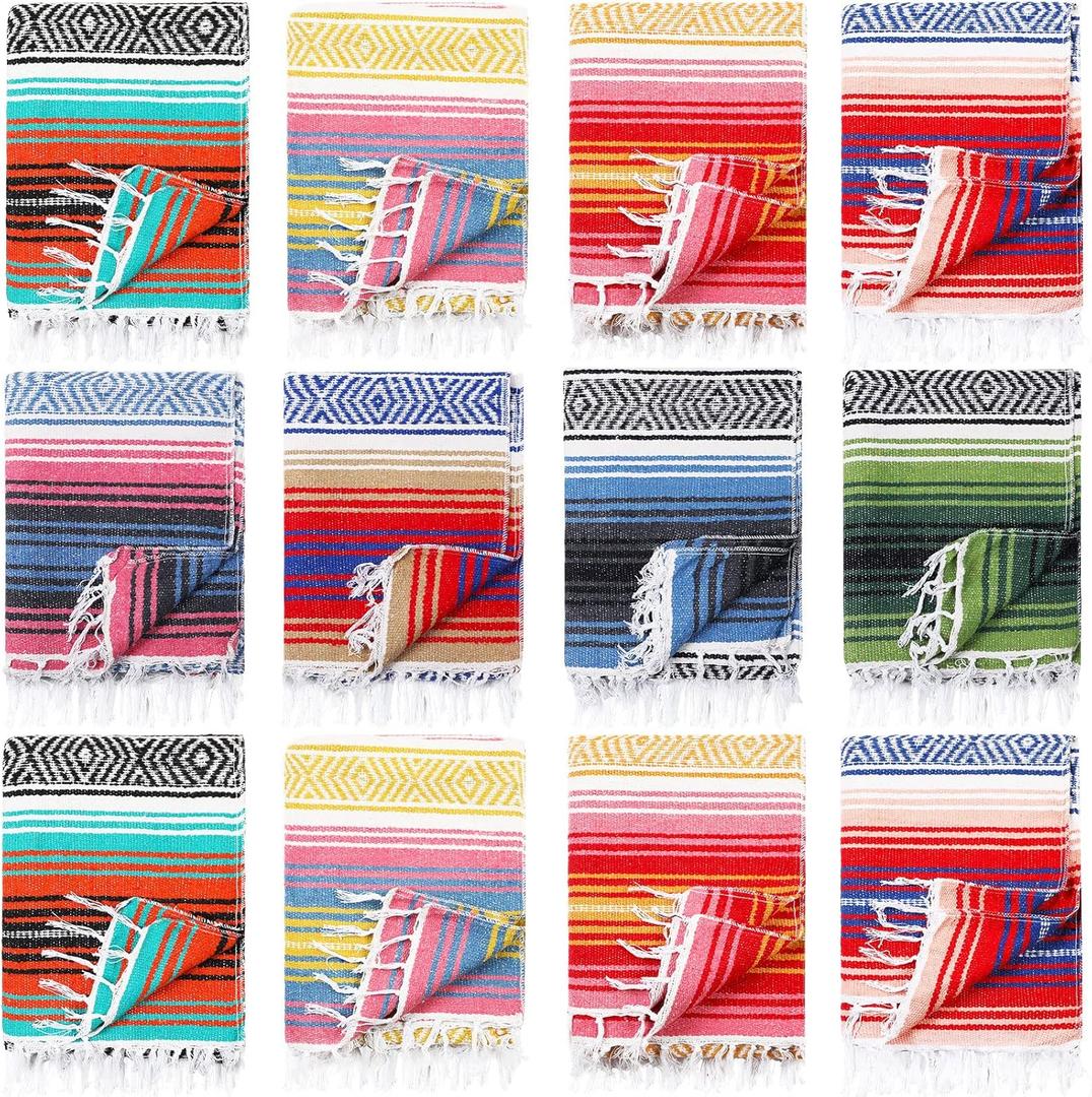 Macarrie 12 Pcs Mexican Beach Blankets Bulk Large Thick Serape Blanket Colorful Striped Yoga Throw for Outdoor Beach Park Picnic Car Couch Home (Bright Colors)