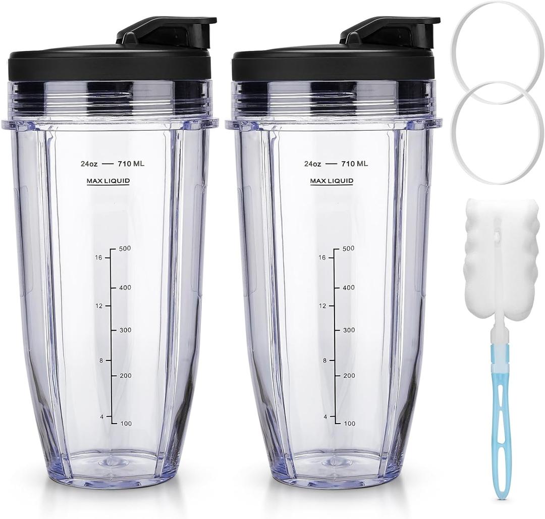 Ninja Blender Cups Replacement 24 oz Cups Kit with Sip & Seal Lids BL450 BL480 BL486 BL487 BL492 BL494 BL642 BL682 NN100 BL2012 (24oz Cups with Spout Lids)