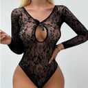 COZYEASE Women's Lace See Through Teddy Lingerie Bowknot Cut Out Long Sleeve Bodysuit Lingerie (Black)