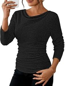 Pink Queen Women Long Sleeve Cowl Neck Tops Casual Slim Fitted Lightweight Pullover Shirt Black M