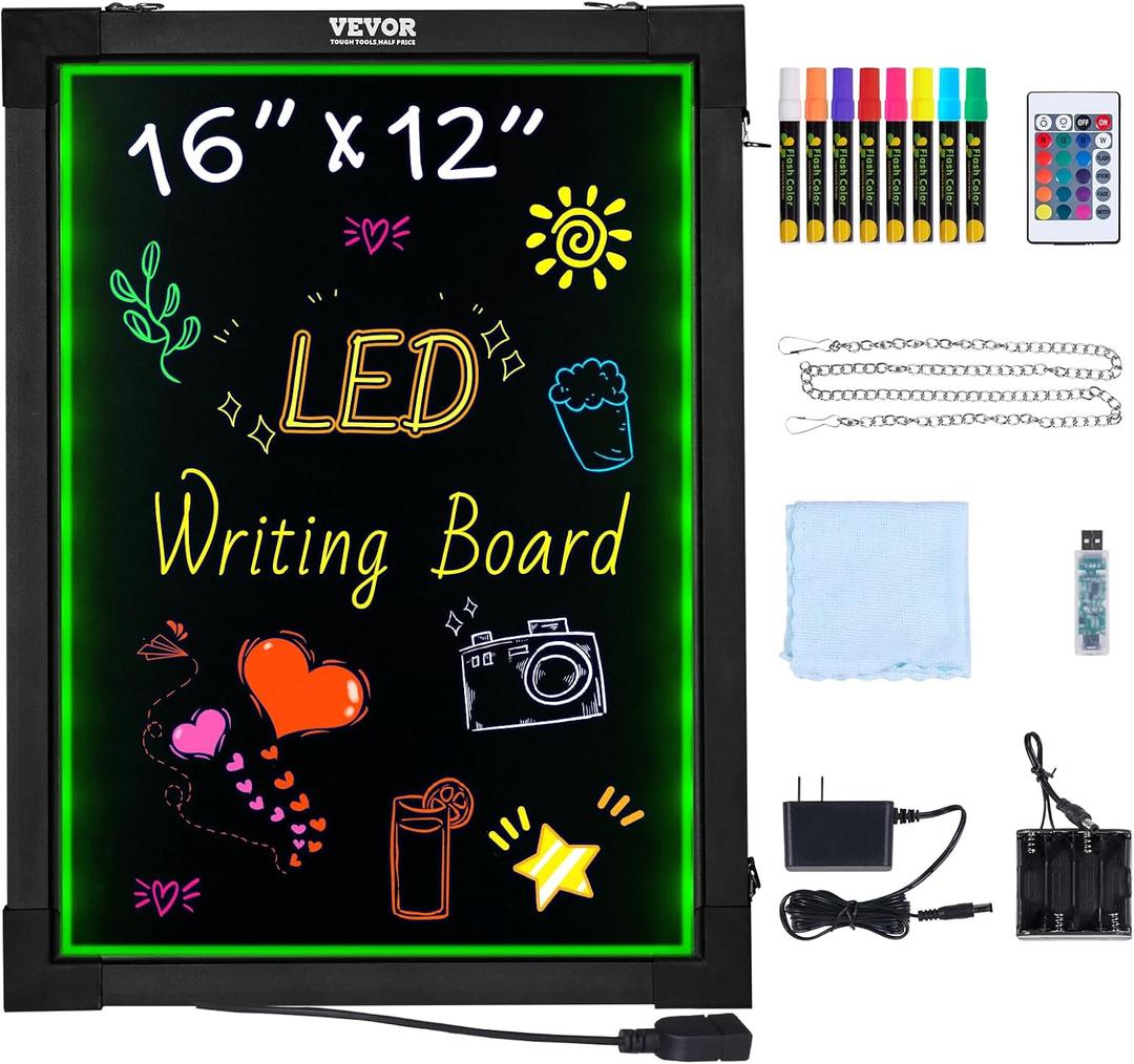 VEVOR LED Message Writing Board, 16"x12" Illuminated Erasable Lighted Chalkboard, Neon Effect Menu Sign Board, Drawing Board with 8 Fluorescent Chalk Markers and Remote Control, for Home Wedding Shop