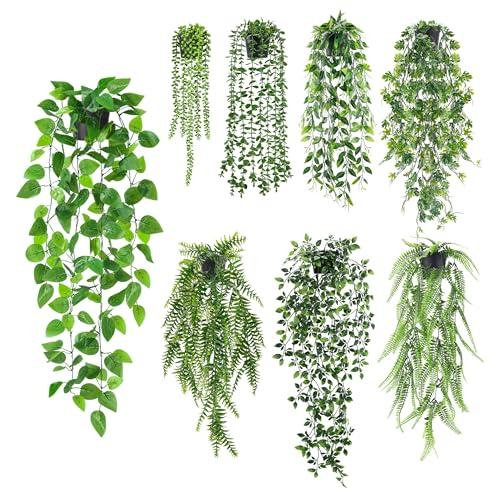 Der Rose 8Pcs Fake Plants Hanging Artificial Ivy Vine Faux Eucalyptus Hanging Plants for Home Boho Wall Shelf Indoor Outdoor Decor (Black Pots)