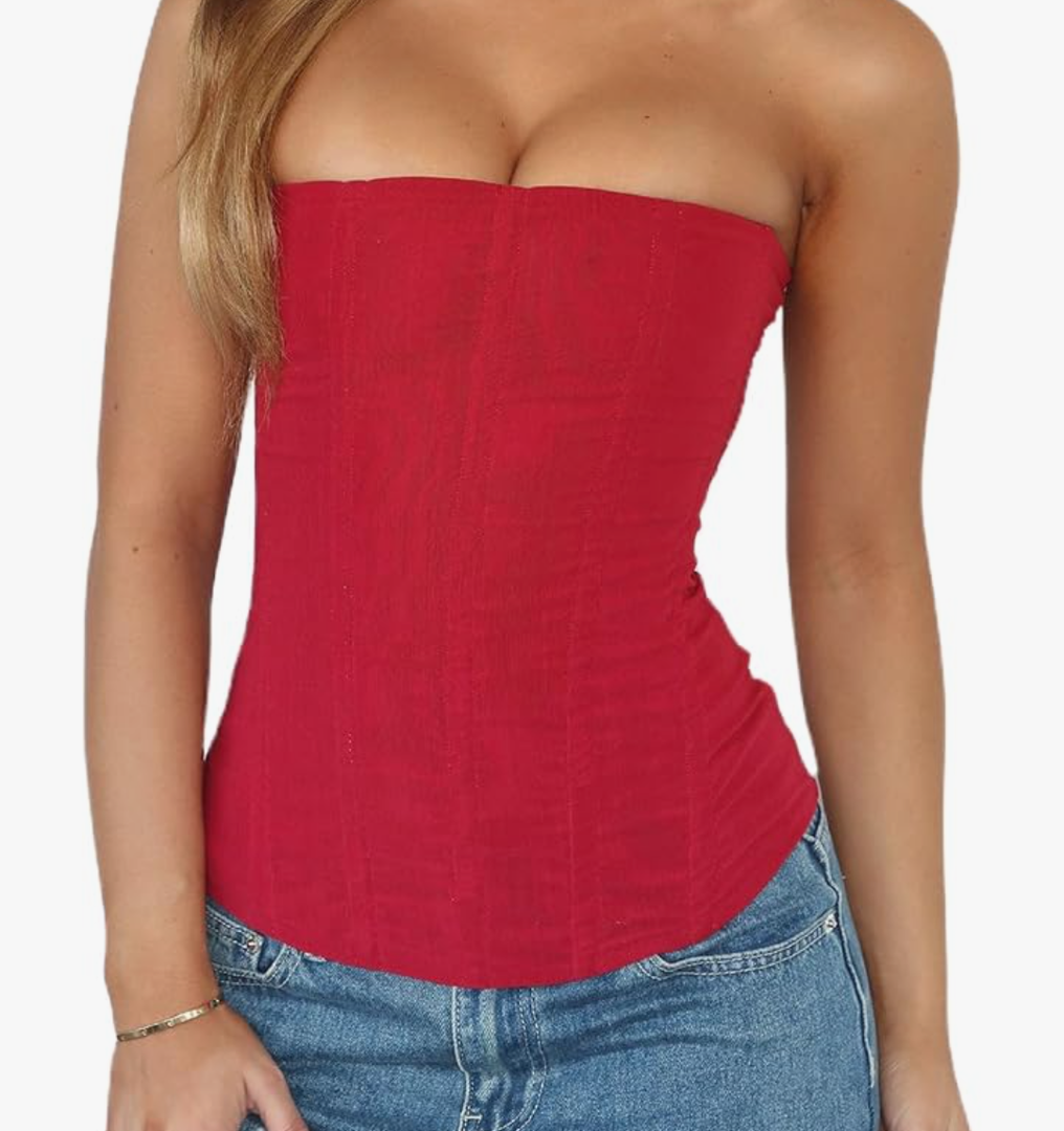 Faretumiya Women Floral Lace Corset Top Strapless Lace Up Bustier Tube Top Mesh Boned Corset Overbust Tops Size XS