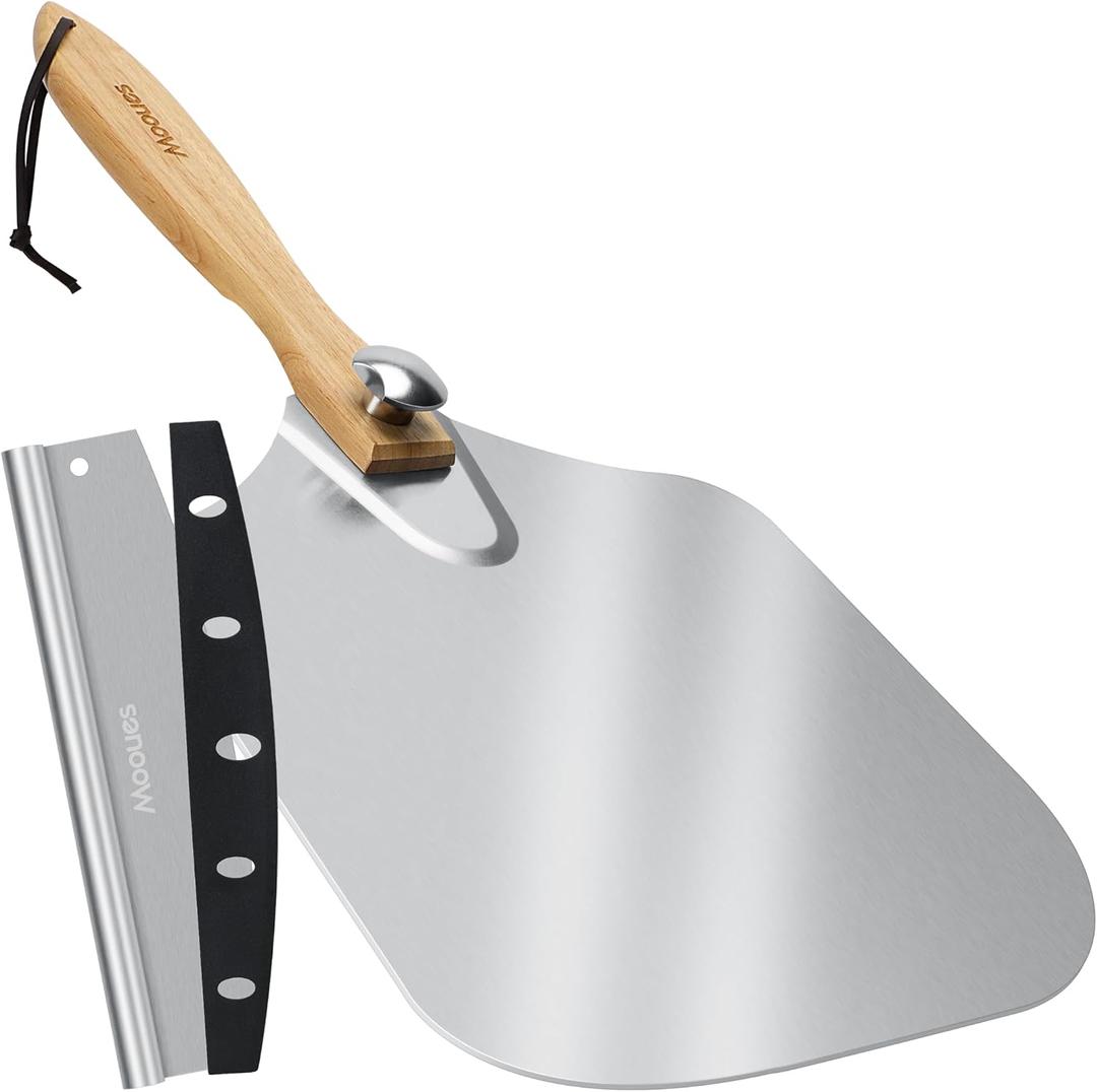 Mooues Pizza Peel Aluminum Pizza Spatula, Metal Pizza Paddle(14inx 16in) with Rocker Cutter Foldable Wood Handle, [Storage bag included], for Family Pizza Oven Baking Pizza, Dough, Bread & Pastry