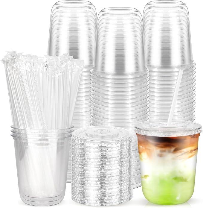 100PCS 12 oz Disposable Plastic Cups with Flat Lids and Clear Straws, Round Bottom To Go Iced Coffee Cups, Small Sturdy Drink Cups for Soda, Smoothies, Cold Beverage, Juice Bars, Takeout, Office