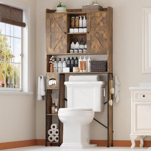 32"W Over The Toilet Storage Cabinet with Metal Frame and 7 Storage Shelves, Bathroom Organizer with Adjustable Shelves and Paper Holder, Farmhouse Storage Cabinet for Bathroom, Laundry, Rustic Brown
