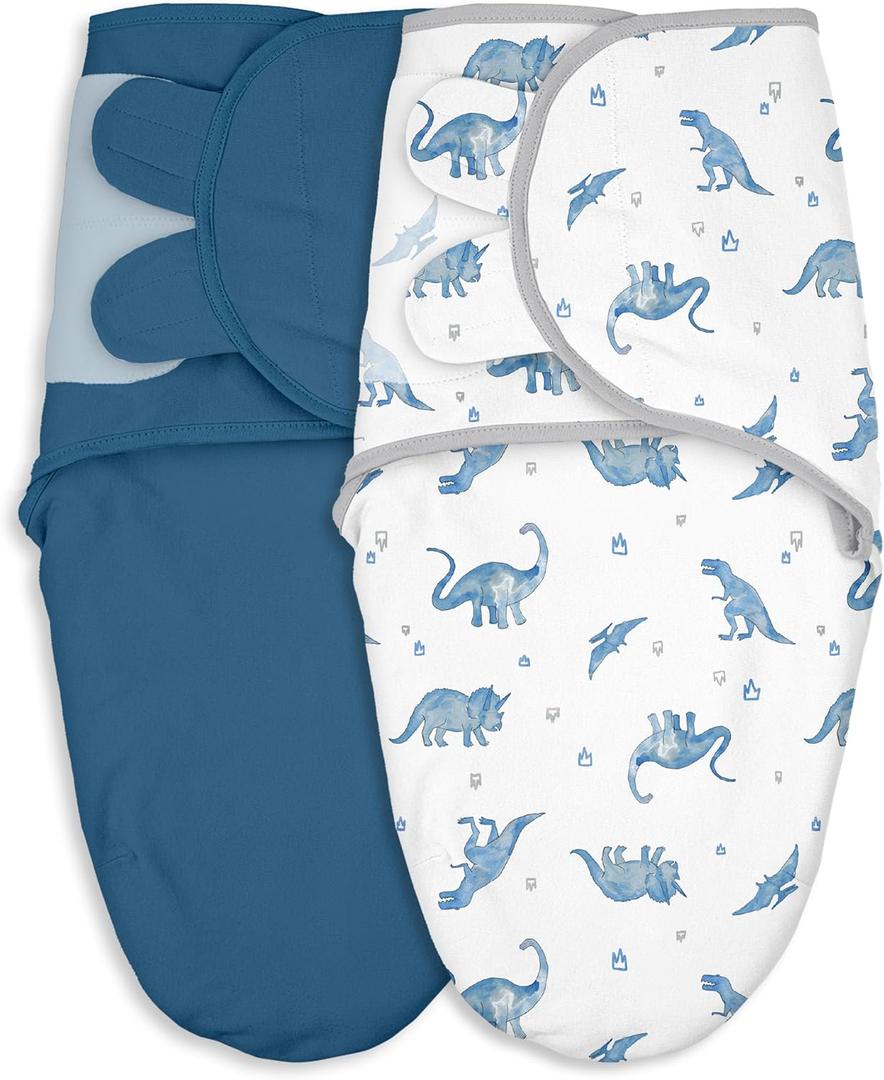 Baby Swaddles for Newborn Organic Cotton, Soft & Snug Newborn Velcro Swaddle 0-3 Months Sleep Sack Helps Calm Startle Reflex, 2-Pack Wrap Nursery Swaddling Blankets Blue Dinosaur