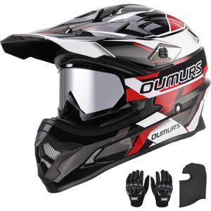 OUMURS DOT Adult ATV Dirt Bike Helmet with Goggles Gloves & Mask Adjustable Sun Visor Motorcycle Adults Helmet Off-Road Motocross Downhill Moped MX for Unisex-Adult-Victory Red, XL