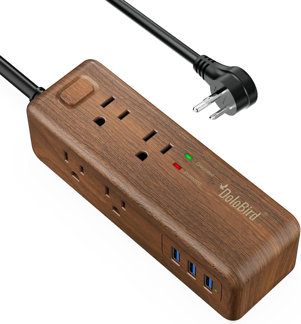 Power Strip Surge Protector 8 Outlet with 2 USB-A+1USB-C Ports Charging Station Long Extention Cord Right Angle Flat Plugs Circuit Breaker for Home Office Dorm Room (Dark Wood)