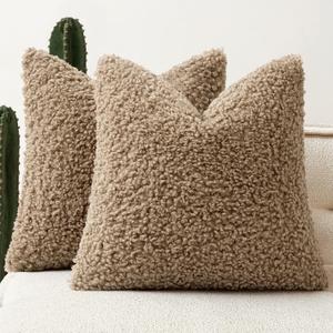 Faux Fur Throw Pillow Covers 20x20 Inch Set of 2 Boucle Neutral Decorative Sherpa Fuzzy Accent Soft Sheepskin Fleece Cushions Modern Home Decor for Couch Sofa Bedroom Living Room,Khaki