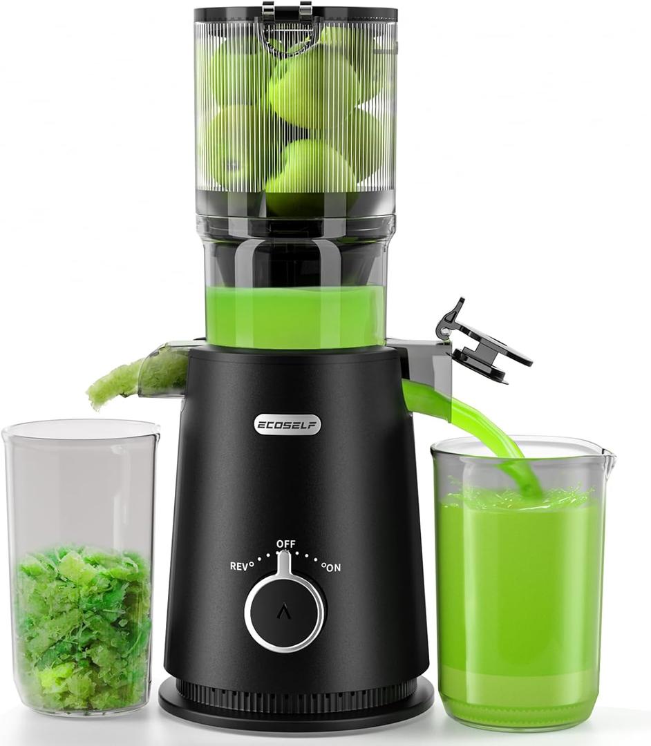 Juicer Machines, ECOSELF Cold Press Juicer with Large Feed Chute Fit Whole Fruits and Vegetables, Juice Extractor Self Feeding Effortless for Batch Juicing, Easy to Clean (Black)