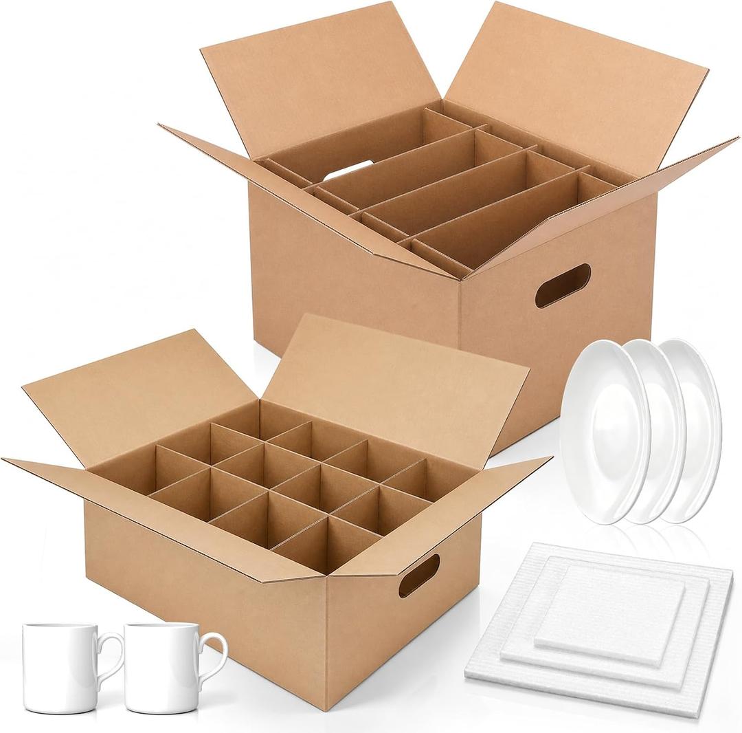 2 Pack Dish Mug Moving Boxes with Divider Kits Included Dish 15 x 12 x 10 Inch and Mug 17 x 13 x 6 Inch Kitchen Moving Boxes with Handle Packing Box for Glassware