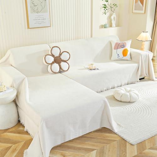 Royhom Sectional Couch Covers 2 Pieces, L Shaped Couch Cover Blanket, Chenille Sofa Covers Washable, Sofa Slipcover with Tassel, Suitable for All Seasons (71"x118"+91"x134", Beige White)