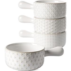 LE TAUCI French Onion Soup Bowls, 18 Ounce Soup Bowls With Handles for Chili, Beef Stew, French Onion Soup Crocks Oven Safe - 5 inch, Set of 4, Arctic White