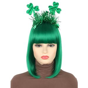 St. Patrick's Day Green Bob Wig with Shamrock Headband, Costume Party Accessory