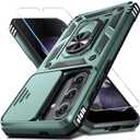 Janmitta Compatible with Samsung Galaxy A36/A56 5G Case Built in Slide Camera Lens Cover+Screen Protector+Finger Ring Holder Kickstand,Heavy Duty Shockproof Full Body Phone Cover,2025 Dark Green