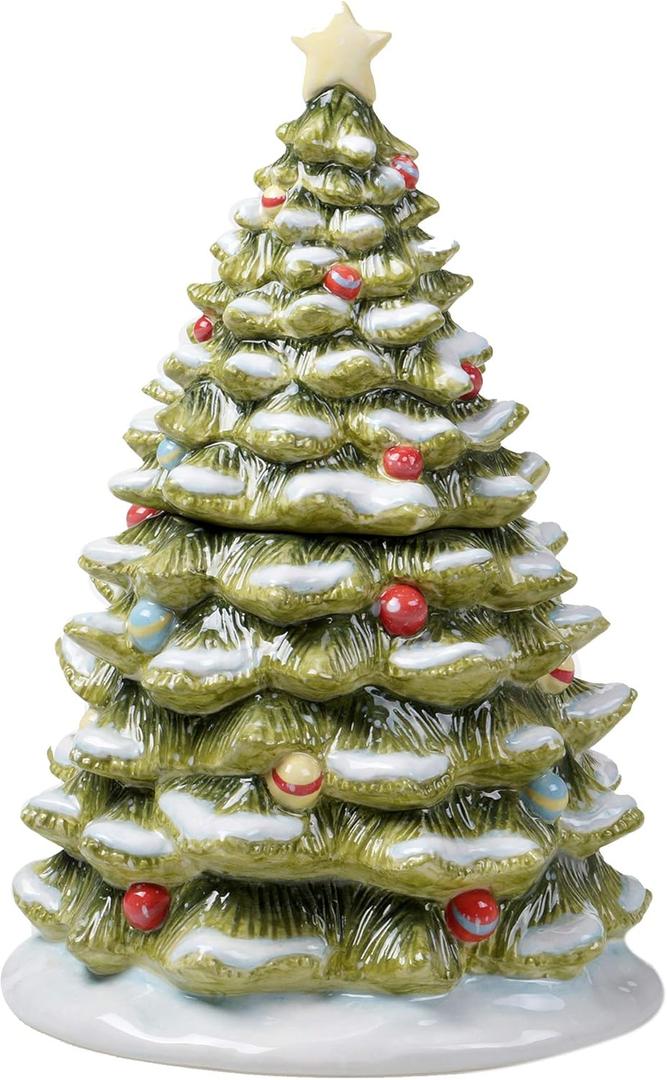 Evergreen Christmas Tree Cookie Jar 64oz Ceramic Holiday Treat Canister with Vintage Charm, Snowy Branches & Ornaments Festive Countertop Dcor for Cookies, Candy, or Cocoa Mix