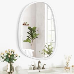 Asymmetrical Wood Frame Bathroom Mirrors for Wall Unique Irregular Oval White Mirror Modern Living Room Bedroom Vanity Entryway Hallway Decorative Artistic Hanging Wall Mirror 16"x12" White (16"L x 12"W)