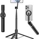 TONEOF 68" Magnetic Selfie Stick Tripod with Aluminum Strong Magnetic Holder for Magsafe, 360 Rotatable Travel Phone Tripod Stand with Metal Ring & Rechargeable Remote for iPhone/Android Black
