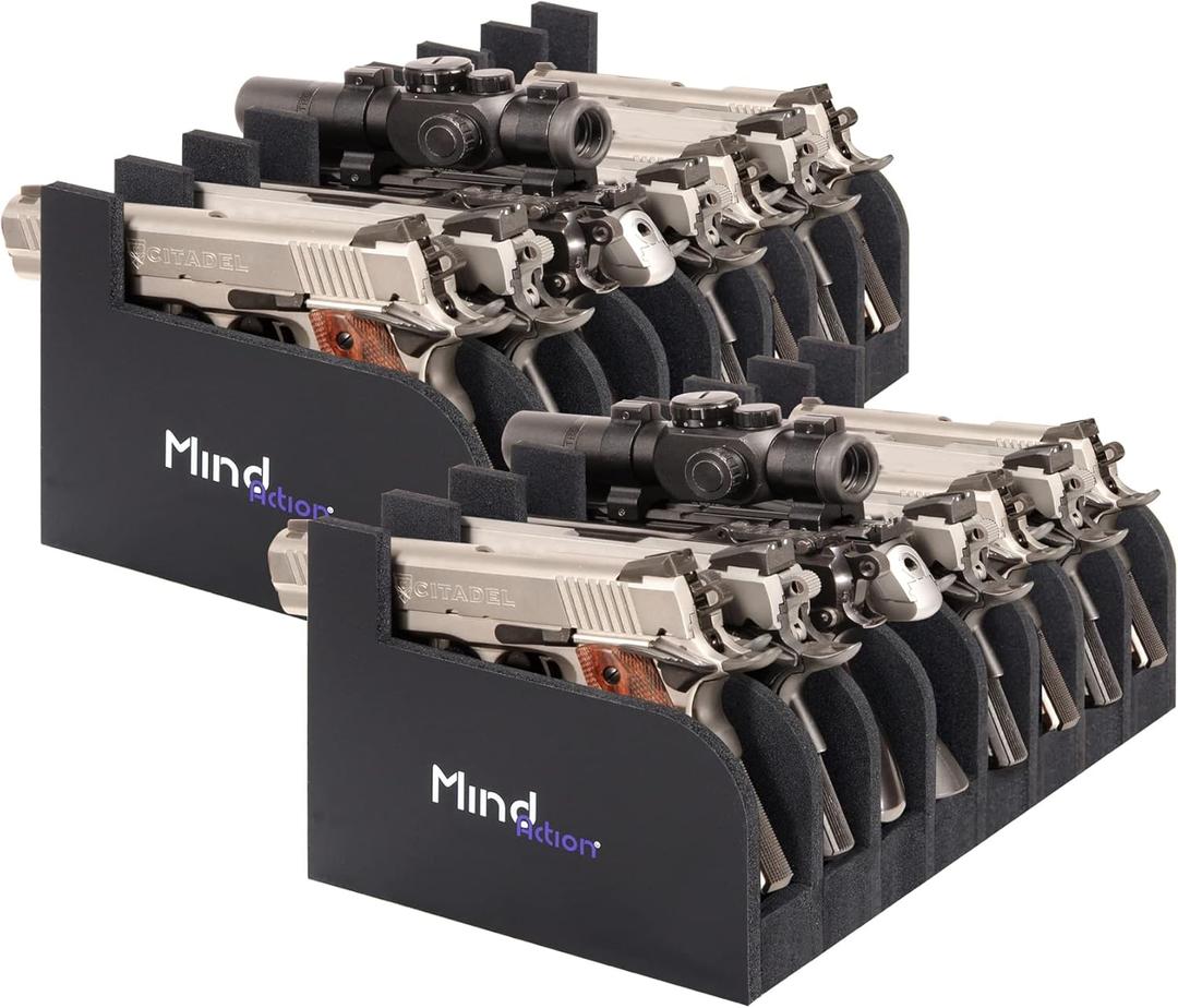 MIND&ACTION Foam Pistol Rack for Gun Safe, Gun Cabinet Accessories, Pistols Holder Storage Organizer, Revolver Firearm Handgun Rack Stand Display (2 Pack-8 Pistols Black)