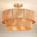 18''Boho RattanCeiling LightHandwoven Semi Flush Mount Fixture for Bedroom,Living Room, Kitchen, Hallway, Dining Room