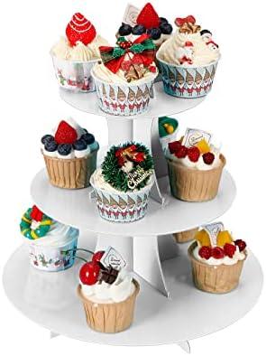 YLDW 3-Tier Cupcake Stand, Cake Stand holder, Tiered DIY Cupcake Stand Tower for Dessert Table Displays, Birthday Theme Party Favors Decoration, Floral Tea Party, 12" W x 12.8" H, White
