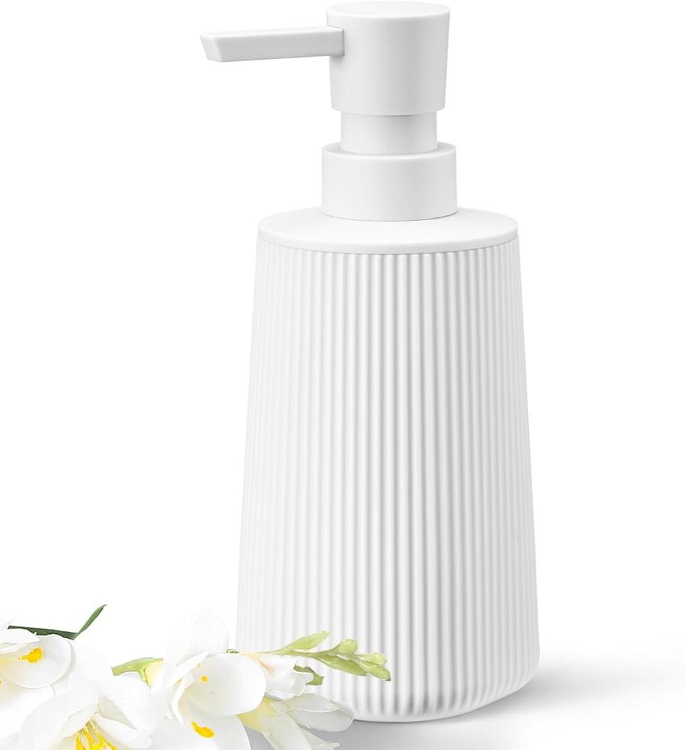 White Hand Soap Dispenser with No Rust Pump for Bathroom and Kitchen Countertops Refillable Striped Matte Plastic 8.5 oz 