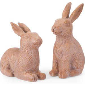 Set of 2 Brown Rustic Easter Bunny Figurines - Distressed Resin Rabbit Statues for Farmhouse Home Decor - Vintage Spring Bunny Ornaments for Tabletop, Mantel & Shelf Display