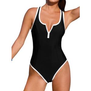 CUPSHE Women's One Piece Swimsuit Scoop Neck Front Zipper Bathing Suit Racer Back Wide Straps Color Blocked Trim (Medium, Black/White)