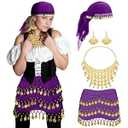 Sureio 4 Pcs Women Gypsy Pirate Costume Accessories Belly Dance Head Scarf Earring Necklace Hip Scarf Renaissance Jewelry(Dark Purple)