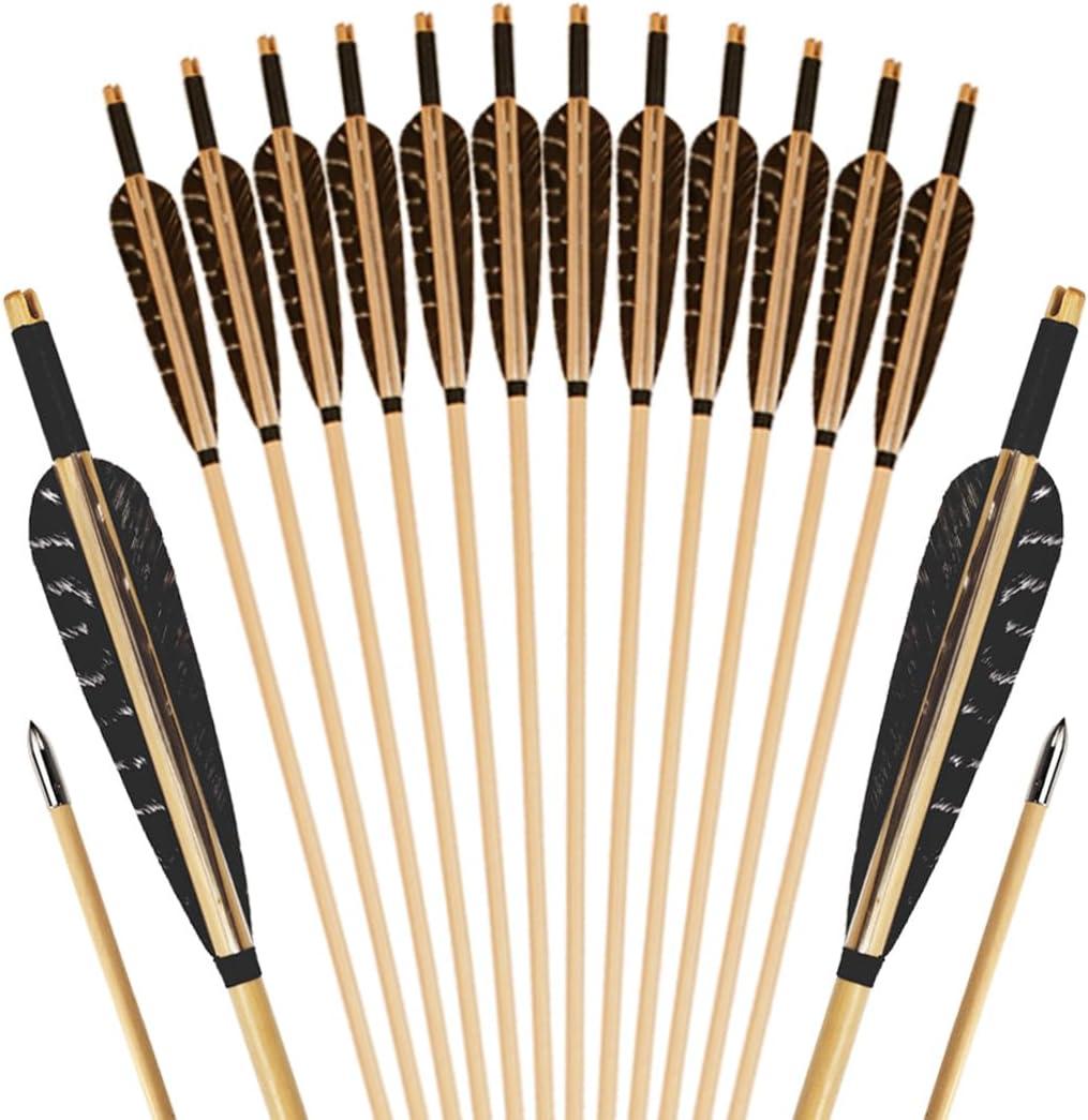 12 Pcs Archery Wooden Arrows with Feathers Handmade Targeting Arrows for Traditional Bow Recurve Bow Longbow for Adults 31inch