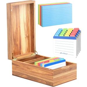 Neando 3x5 Index Card Organizer Box with Lid Acacia Wood Note Card Holder with 200 Cards & 20 Dividers, Holds 600 Cards, 4 Compartments, Magnetic Closure Desktop Storage for Study, Office, Recipes