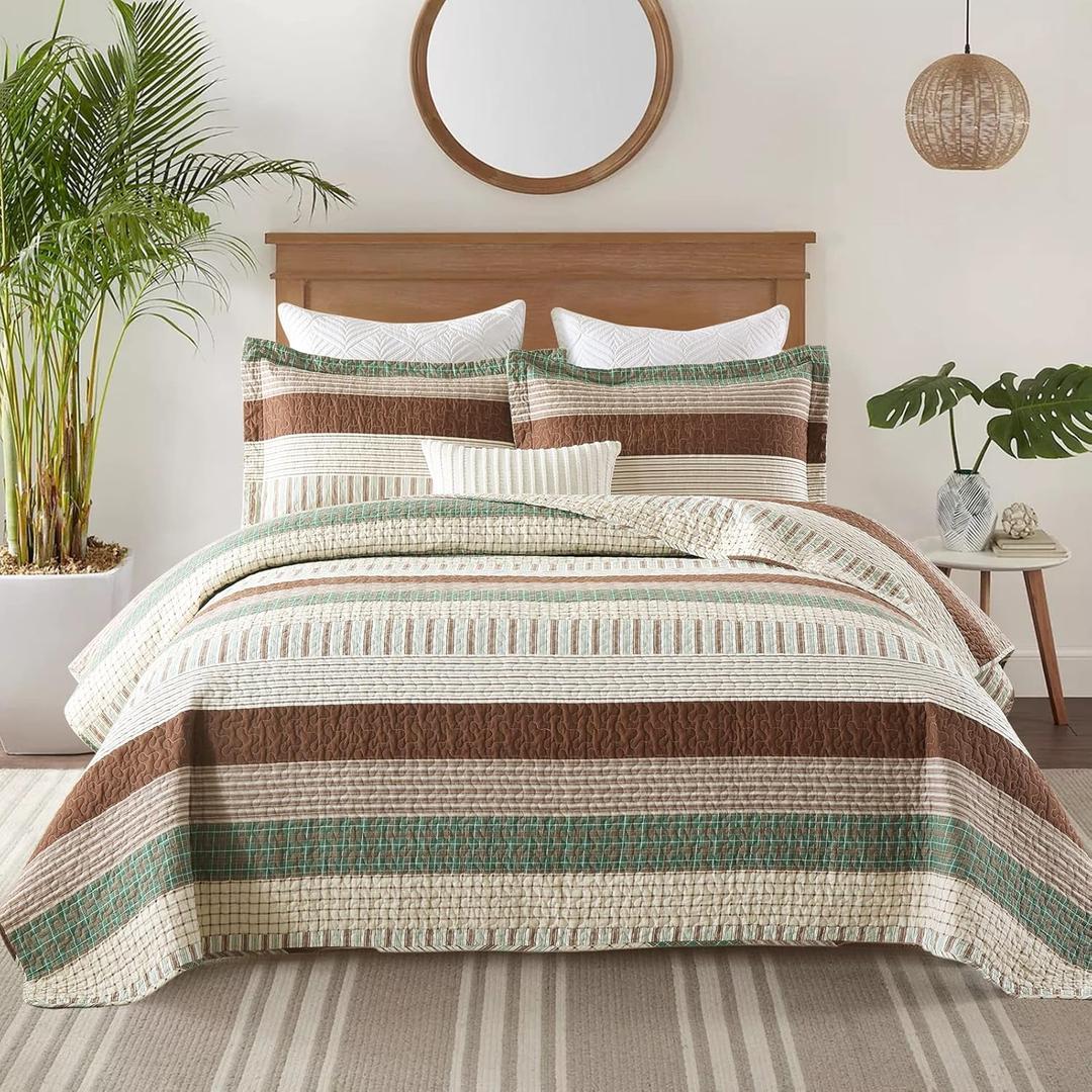 Finlonte Queen Quilt Set - Cotton Bedspread With Brown, Green, Beige Striped Pattern - Reversible Lightweight 3-Piece Bedding Set for All Seasons (Queen (90"x98"))