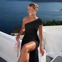 LAGSHIAN Women's Elegant Formal Long Dress One Shoulder Sleeveless Ruched Bodycon Evening Dress, Size Large
