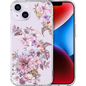 ENDIY Compatible with iPhone 14 Plus Case Flower Floral for Women Girls Girly Cute Designer Phone Protector Clear with Design Transparent,Impressive Flowers