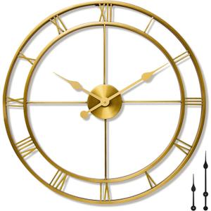 ANDY STAR Large Wall Clocks for Living Room Decor, 24" Big Metal Silent Clocks Battery Operated, Modern Oversized Gold Round Wall Clock, Non-Ticking, Roman Numerals Vintage Industrial Decorative