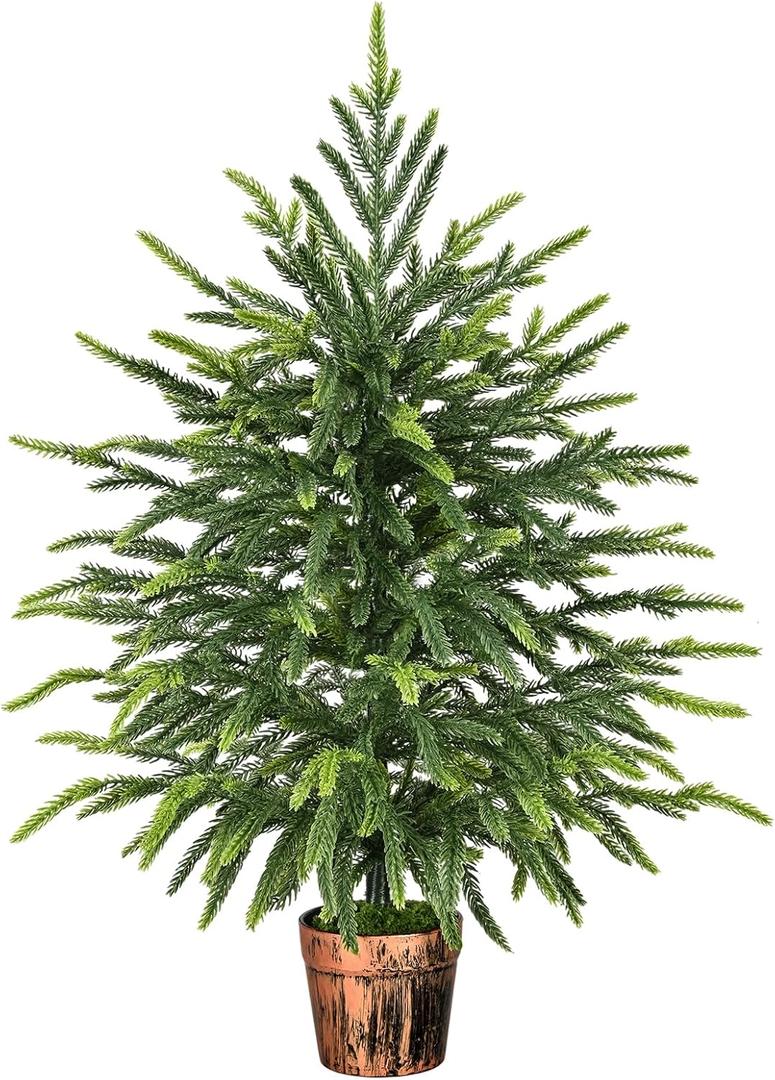 2FT Norfolk Pine Tree with Pot - Tabletop Christmas Tree with Real Touch PE Branch Tips for Front Porch Kitchens Home Indoor Outdoor Xmas Decor (1 PC)
