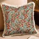 Decorative Throw Pillow Cover 18x18 - Vintage Pillowcovers with Fringe Retro Flower Embroidered Pillow Case with Zipper for Living Room Couch Sofa Bed Rustic Boho Design Abstract