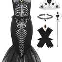 Girls Mermaid Skeleton Costume Kids Ariel Princess Black Dress Halloween Cosplay Outfits with Accessories (5-6Y)