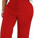PINSV Women's 2 Piece Outfits Lounge Short Sleeve Tops High Waisted Wide Leg Pants Tracksuit Sets (X-Large, Red)