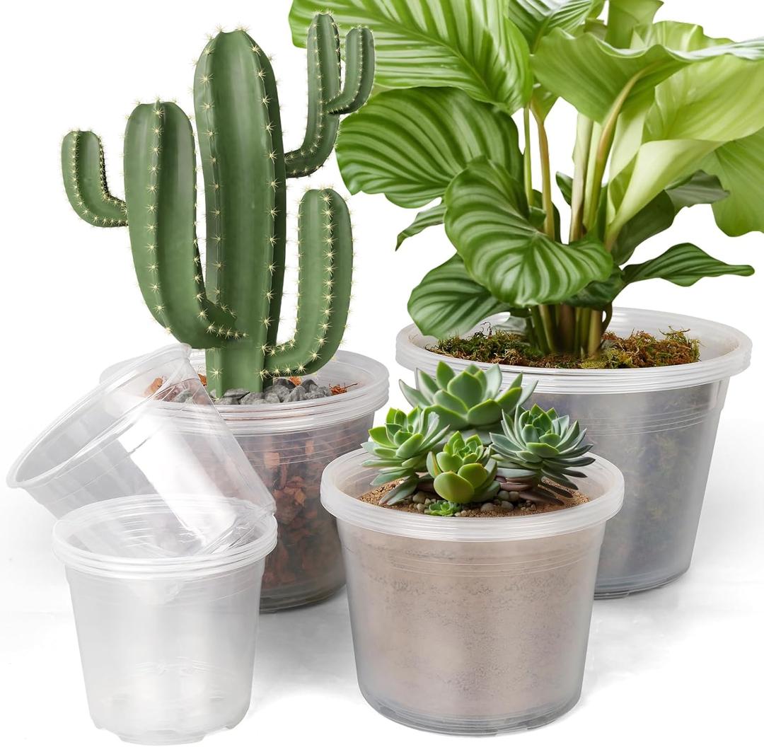 FUIJOL 6/8/10/12 Inch Large Clear Nursery Pots with Drainage, 16 Pack Clear Plastic Nursery Pots for Plants, Garden Seedling Starter Plant Pots for Succulents, Flower & Vegetable (6/8/10/12in-16Pack)