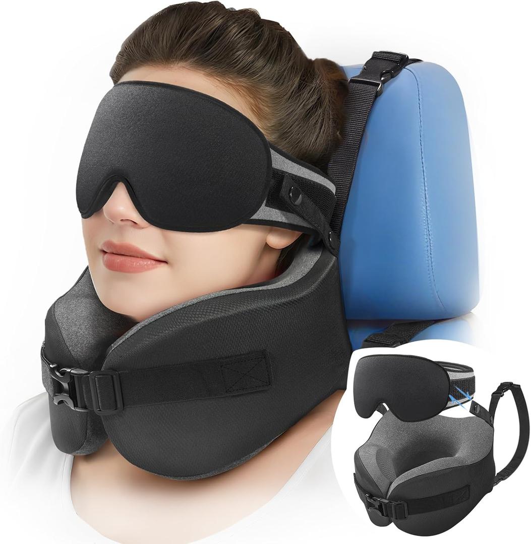 YFONG Travel Pillow for Long Flight Airplanes, Head Strap Combo with 3D Contoured Eye Mask for Sleep, Neck Pillow for Car Trip Essential, 360 Support Memory Foam Headrest, Prevent Head Bobbing, Black